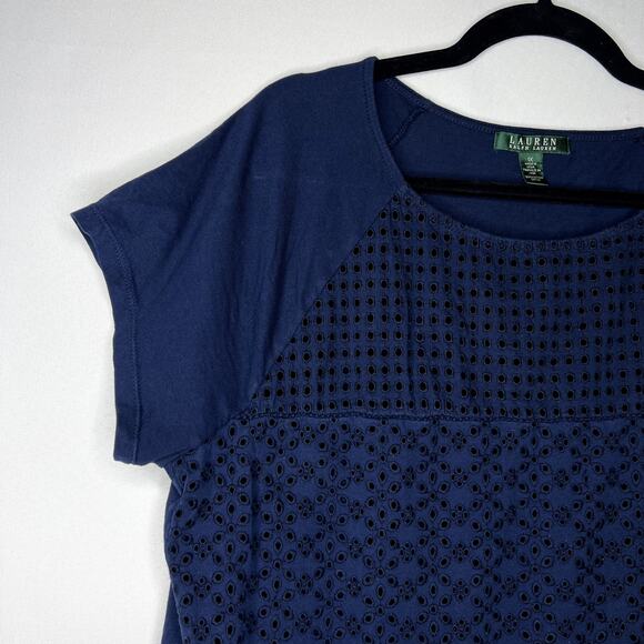 Plus Sized LAUREN RALPH LAUREN Navy Eyelet Short Sleeve Shirt Size - Picture 3 of 8
